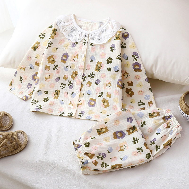 Vaikų ilgų rankovių pižamų komplektas, medvilninė gauzė, 100% medvilnė, gyvūnų ir animacinių filmų raštas, vasara, amžius 3–8 metai