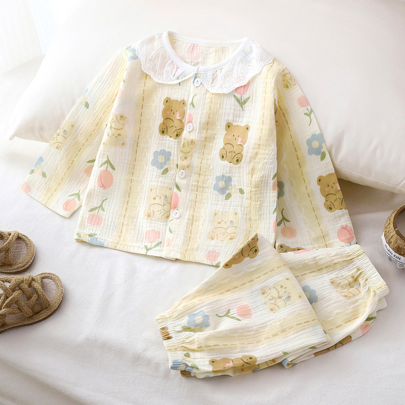 Vaikų ilgų rankovių pižamų komplektas, medvilninė gauzė, 100% medvilnė, gyvūnų ir animacinių filmų raštas, vasara, amžius 3–8 metai