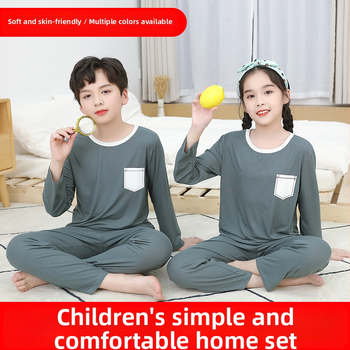 Vaikų namų drabužių komplektas, unisex, viskozės megzti audiniai 93%, ilgos rankovės, apvali kakla, drėgmės nukreipimas, švelnus apdailos — Pavasaris-Vasara-Rudenis