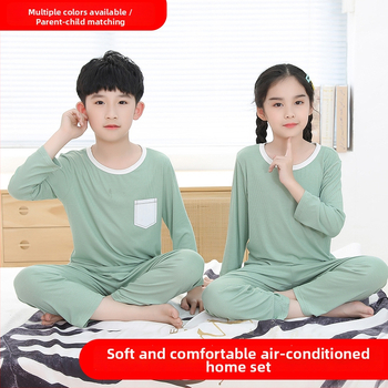 Vaikų namų drabužių komplektas, unisex, viskozės megzti audiniai 93%, ilgos rankovės, apvali kakla, drėgmės nukreipimas, švelnus apdailos — Pavasaris-Vasara-Rudenis