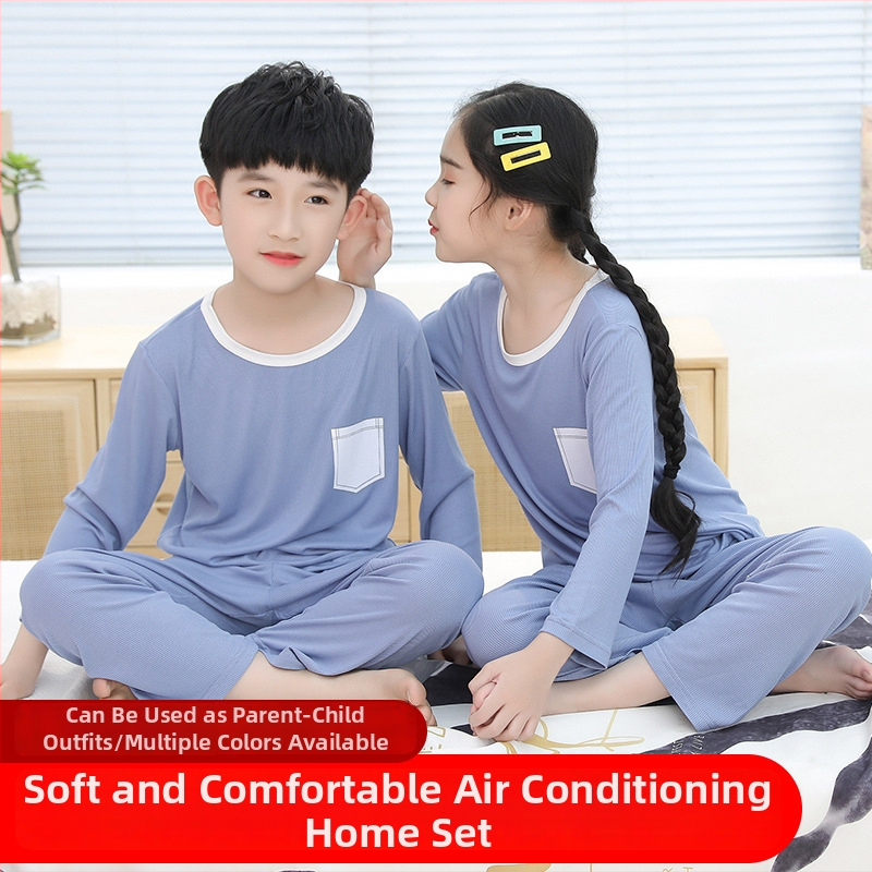 Vaikų namų drabužių komplektas, unisex, viskozės megzti audiniai 93%, ilgos rankovės, apvali kakla, drėgmės nukreipimas, švelnus apdailos — Pavasaris-Vasara-Rudenis