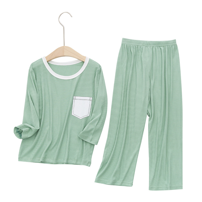 Vaikų namų drabužių komplektas, unisex, viskozės megzti audiniai 93%, ilgos rankovės, apvali kakla, drėgmės nukreipimas, švelnus apdailos — Pavasaris-Vasara-Rudenis
