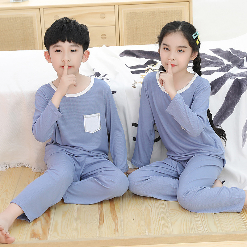 Vaikų namų drabužių komplektas, unisex, viskozės megzti audiniai 93%, ilgos rankovės, apvali kakla, drėgmės nukreipimas, švelnus apdailos — Pavasaris-Vasara-Rudenis