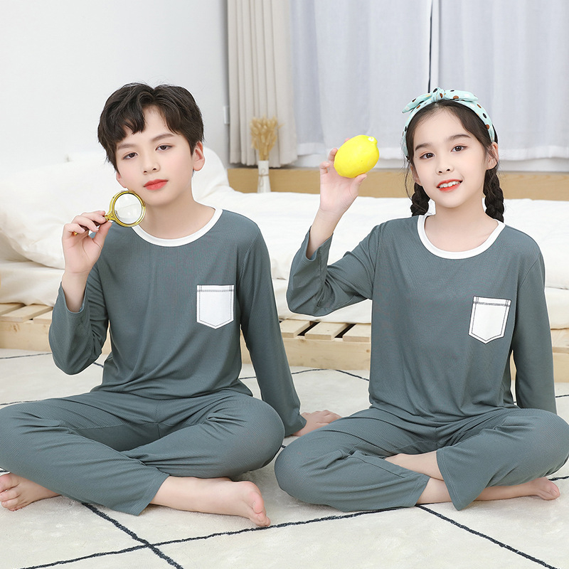 Vaikų namų drabužių komplektas, unisex, viskozės megzti audiniai 93%, ilgos rankovės, apvali kakla, drėgmės nukreipimas, švelnus apdailos — Pavasaris-Vasara-Rudenis
