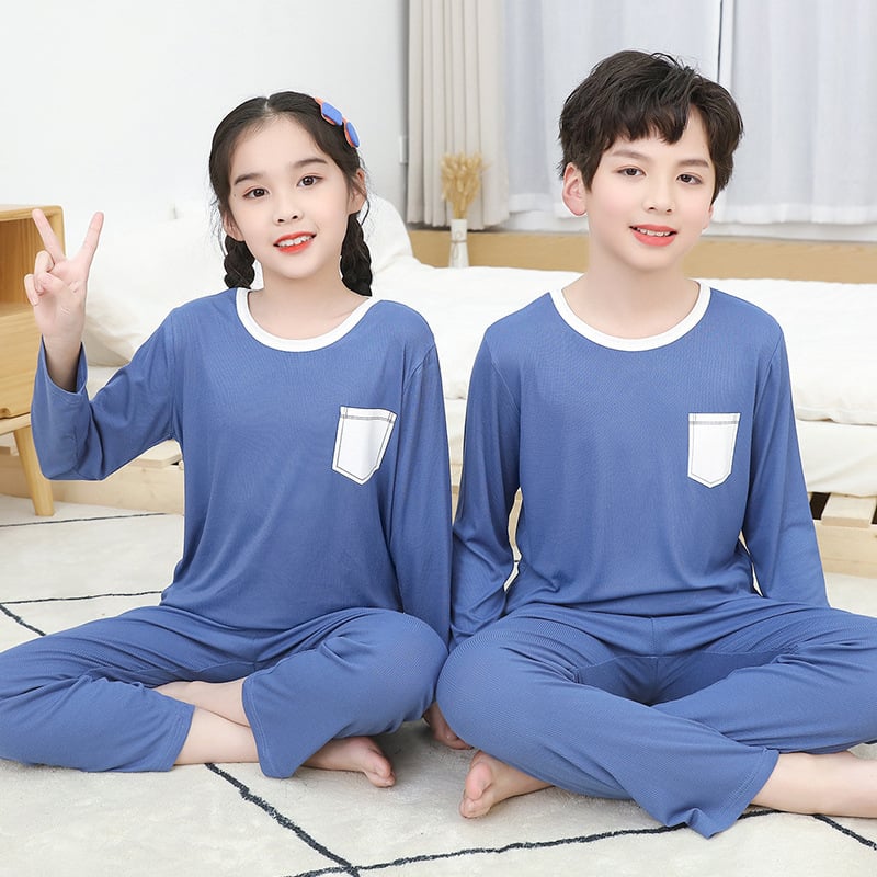 Vaikų namų drabužių komplektas, unisex, viskozės megzti audiniai 93%, ilgos rankovės, apvali kakla, drėgmės nukreipimas, švelnus apdailos — Pavasaris-Vasara-Rudenis