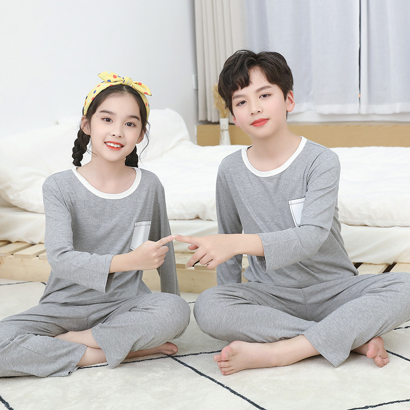 Vaikų namų drabužių komplektas, unisex, viskozės megzti audiniai 93%, ilgos rankovės, apvali kakla, drėgmės nukreipimas, švelnus apdailos — Pavasaris-Vasara-Rudenis