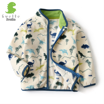 Bērnu polārfleksa jaka ar dinosaura apdruku, rāvējslēdzējs, stāvošā apkakle, zēniem 3–8 gadi