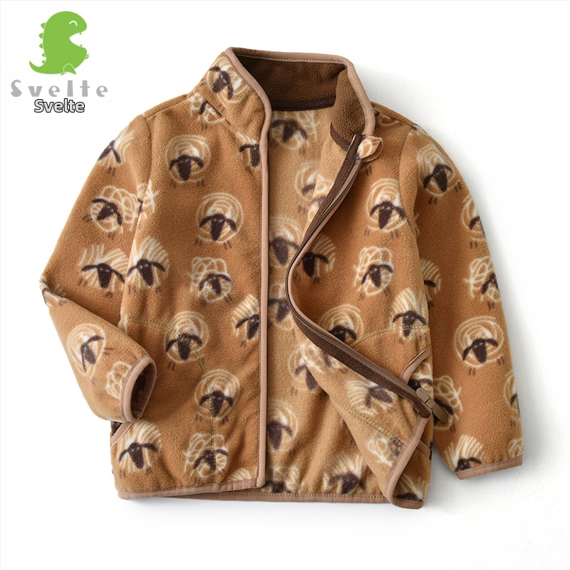 Bērnu polārfleksa jaka ar dinosaura apdruku, rāvējslēdzējs, stāvošā apkakle, zēniem 3–8 gadi