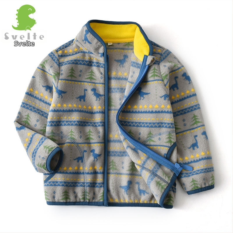 Bērnu polārfleksa jaka ar dinosaura apdruku, rāvējslēdzējs, stāvošā apkakle, zēniem 3–8 gadi