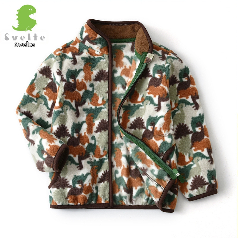 Bērnu polārfleksa jaka ar dinosaura apdruku, rāvējslēdzējs, stāvošā apkakle, zēniem 3–8 gadi