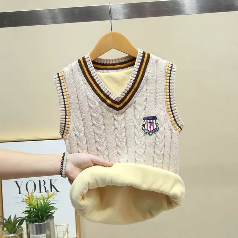 Bērnu adīta veste bez piedurknēm, V kakls, vienkrāsaina, 98% kokvilna, bieza adīšana, mīksta apstrāde, koledžas stils, piemērota bērniem 3–8 gadi