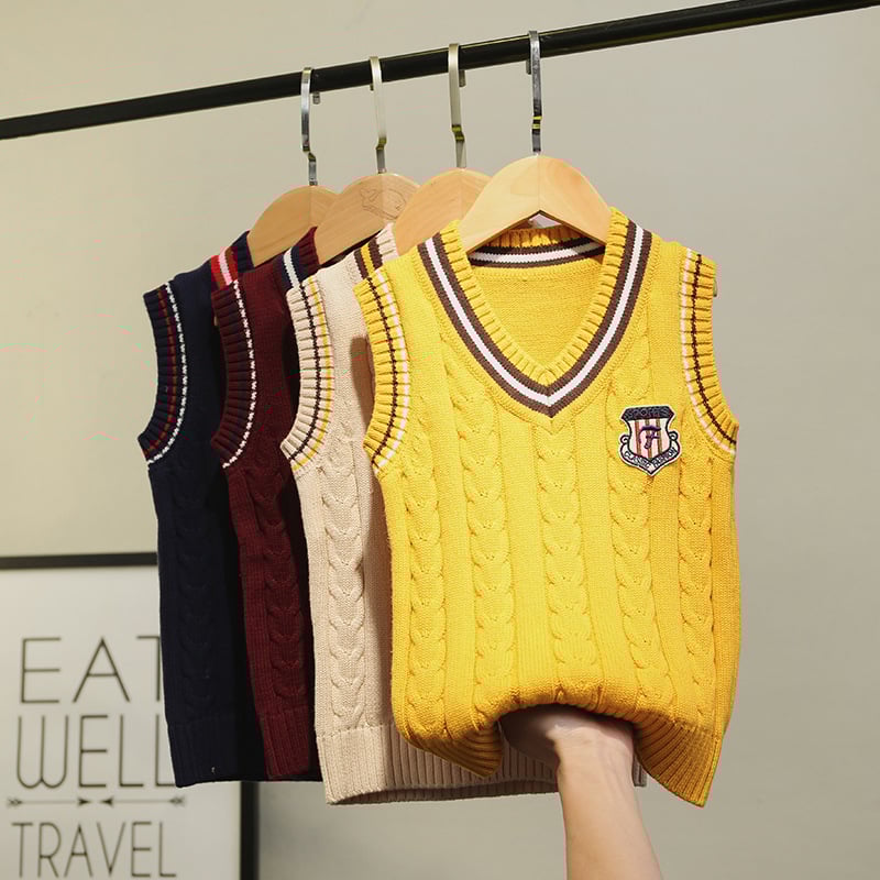 Bērnu adīta veste bez piedurknēm, V kakls, vienkrāsaina, 98% kokvilna, bieza adīšana, mīksta apstrāde, koledžas stils, piemērota bērniem 3–8 gadi