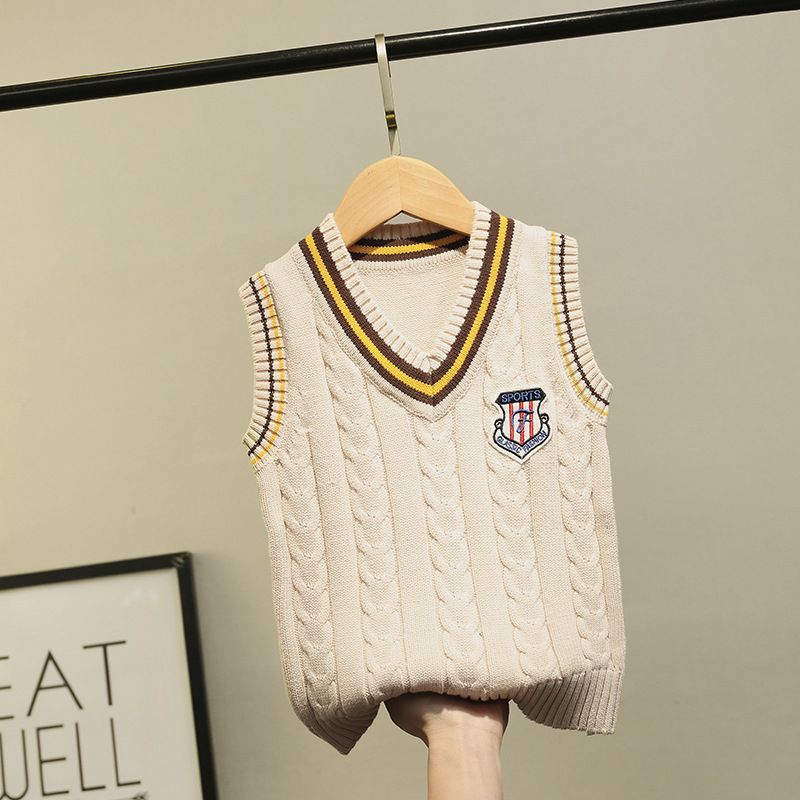 Bērnu adīta veste bez piedurknēm, V kakls, vienkrāsaina, 98% kokvilna, bieza adīšana, mīksta apstrāde, koledžas stils, piemērota bērniem 3–8 gadi