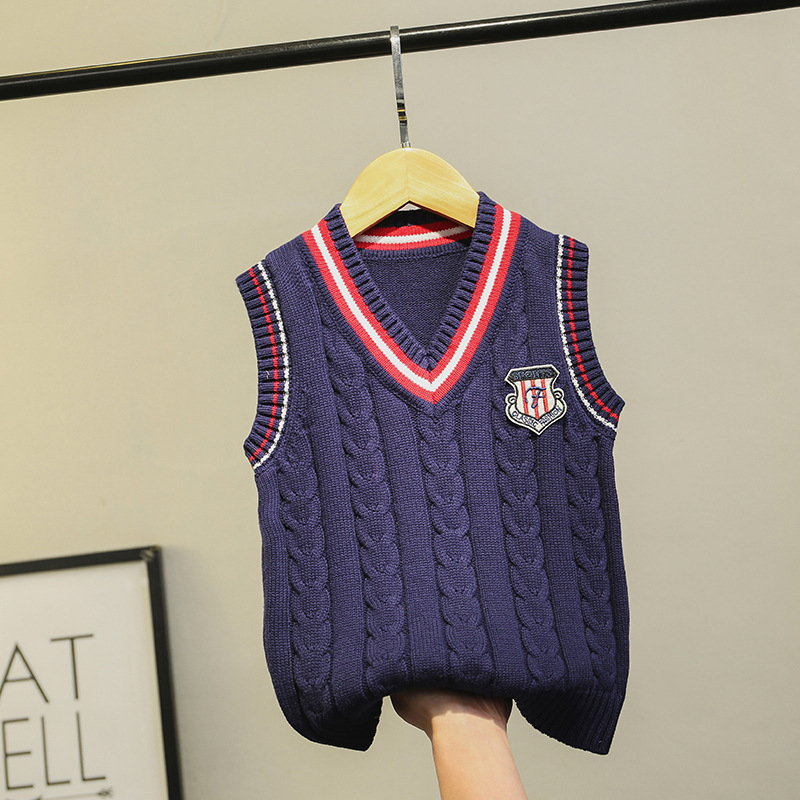 Bērnu adīta veste bez piedurknēm, V kakls, vienkrāsaina, 98% kokvilna, bieza adīšana, mīksta apstrāde, koledžas stils, piemērota bērniem 3–8 gadi