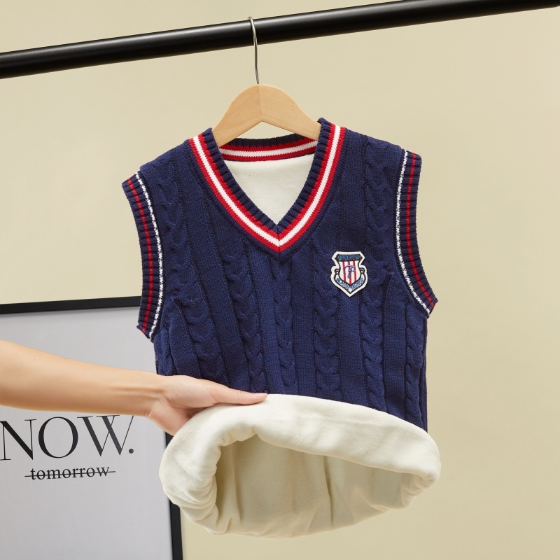 Bērnu adīta veste bez piedurknēm, V kakls, vienkrāsaina, 98% kokvilna, bieza adīšana, mīksta apstrāde, koledžas stils, piemērota bērniem 3–8 gadi