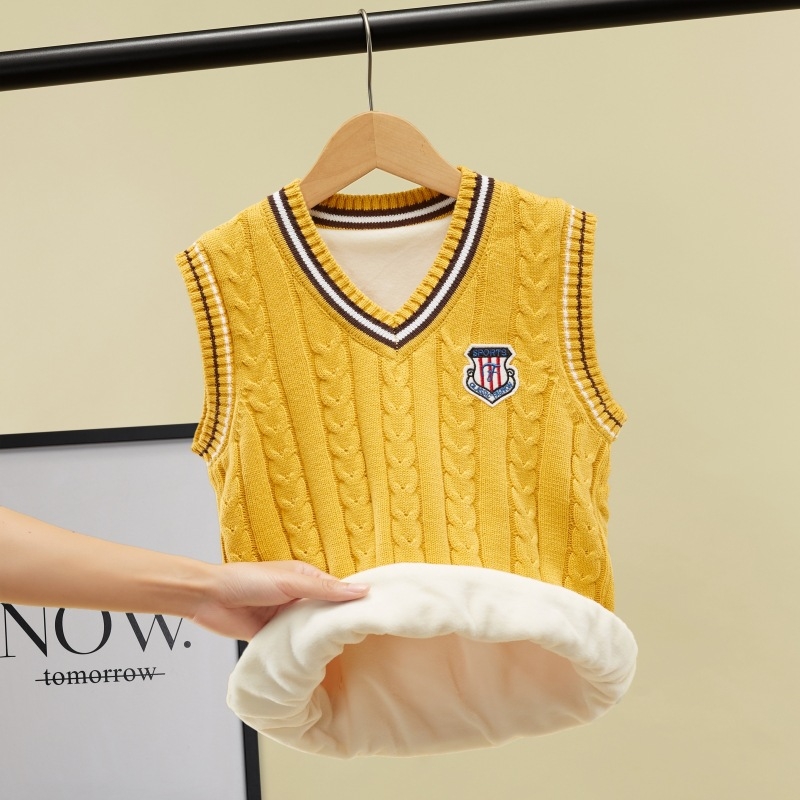 Bērnu adīta veste bez piedurknēm, V kakls, vienkrāsaina, 98% kokvilna, bieza adīšana, mīksta apstrāde, koledžas stils, piemērota bērniem 3–8 gadi