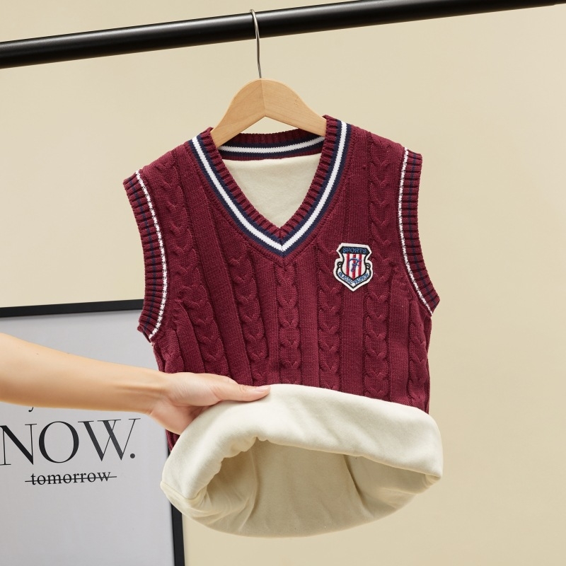 Bērnu adīta veste bez piedurknēm, V kakls, vienkrāsaina, 98% kokvilna, bieza adīšana, mīksta apstrāde, koledžas stils, piemērota bērniem 3–8 gadi