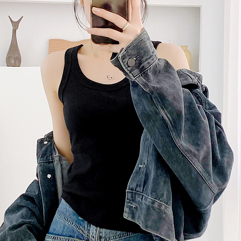 Sieviešu kokvilnas camisole tops, šauri griezums, plecu siksnas fiksētas, vienkrāsains raksts, garums 50–65 cm, Korejas/Japāņu brīvā laika stils