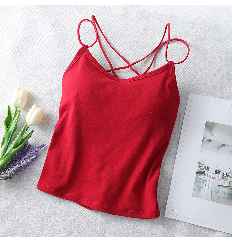 Sieviešu kokvilnas top ar krūšu spilventiņiem, krustotas siksnas aizmugurē, zemais izgriezums, visu sezonu, 90–95% kokvilnas, auduma blīvums 181–200 g/m²