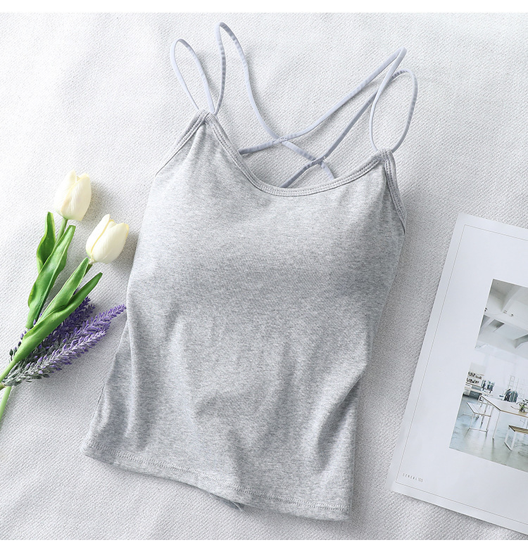 Sieviešu kokvilnas top ar krūšu spilventiņiem, krustotas siksnas aizmugurē, zemais izgriezums, visu sezonu, 90–95% kokvilnas, auduma blīvums 181–200 g/m²