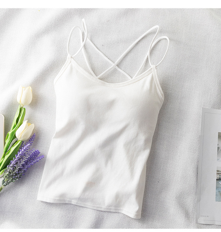 Sieviešu kokvilnas top ar krūšu spilventiņiem, krustotas siksnas aizmugurē, zemais izgriezums, visu sezonu, 90–95% kokvilnas, auduma blīvums 181–200 g/m²