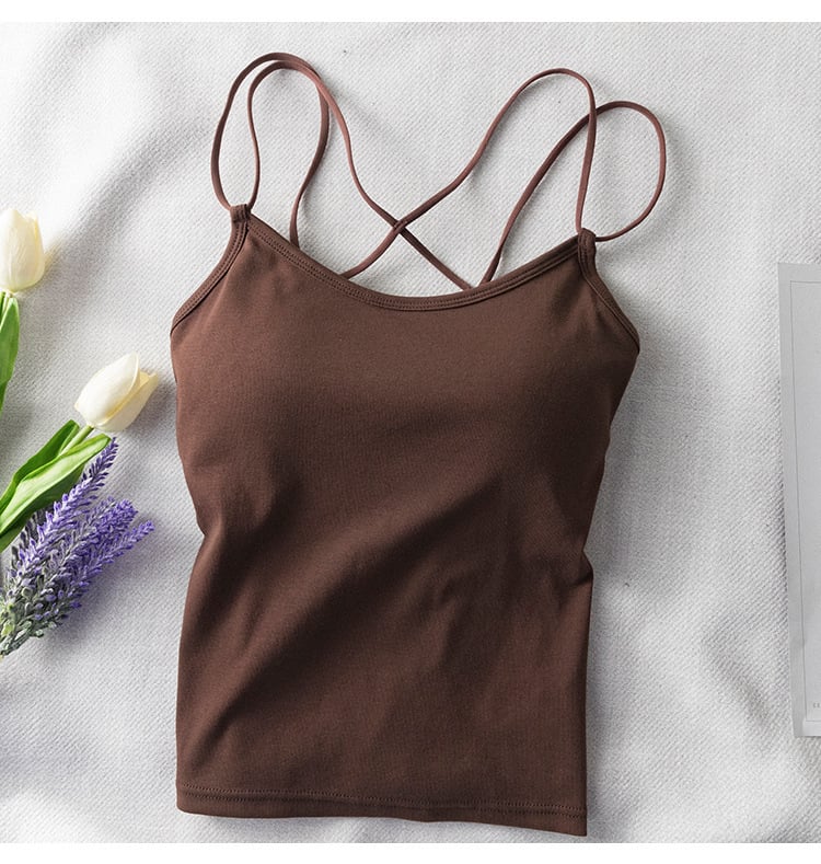 Sieviešu kokvilnas top ar krūšu spilventiņiem, krustotas siksnas aizmugurē, zemais izgriezums, visu sezonu, 90–95% kokvilnas, auduma blīvums 181–200 g/m²