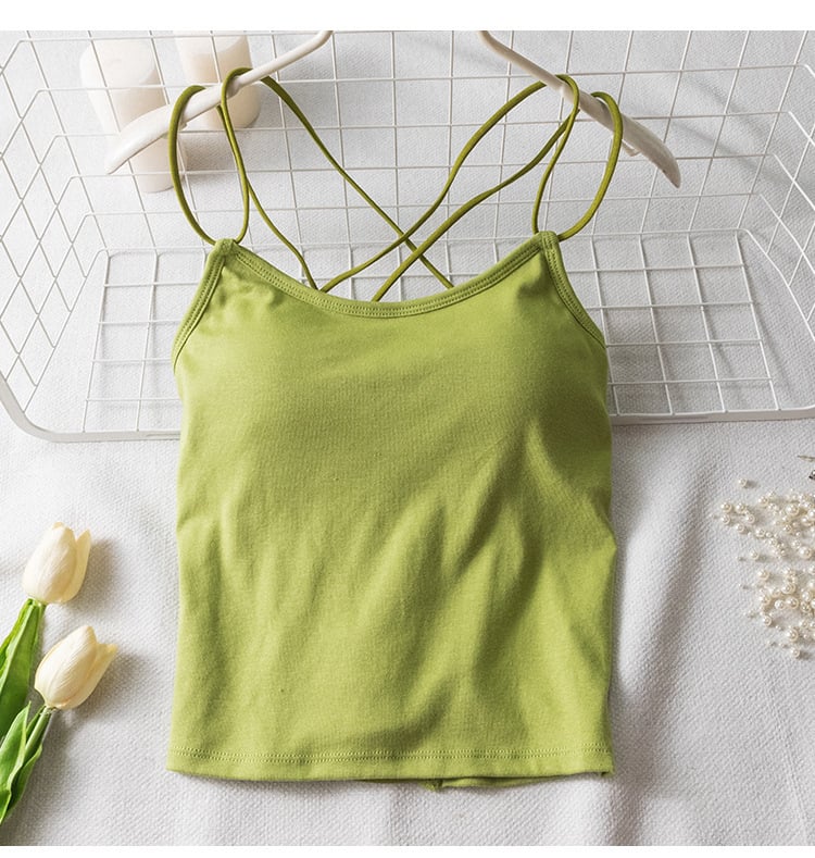 Sieviešu kokvilnas top ar krūšu spilventiņiem, krustotas siksnas aizmugurē, zemais izgriezums, visu sezonu, 90–95% kokvilnas, auduma blīvums 181–200 g/m²