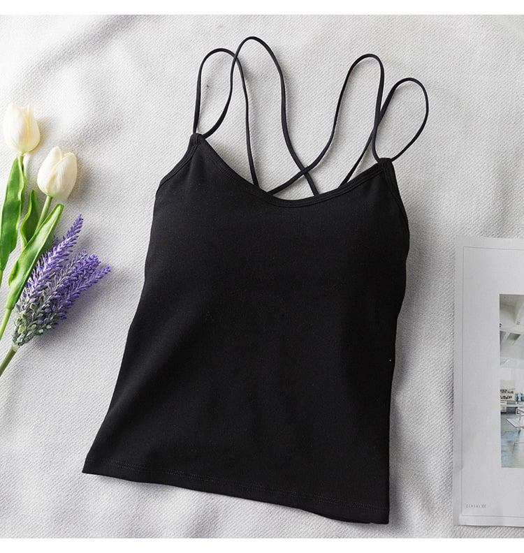 Sieviešu kokvilnas top ar krūšu spilventiņiem, krustotas siksnas aizmugurē, zemais izgriezums, visu sezonu, 90–95% kokvilnas, auduma blīvums 181–200 g/m²