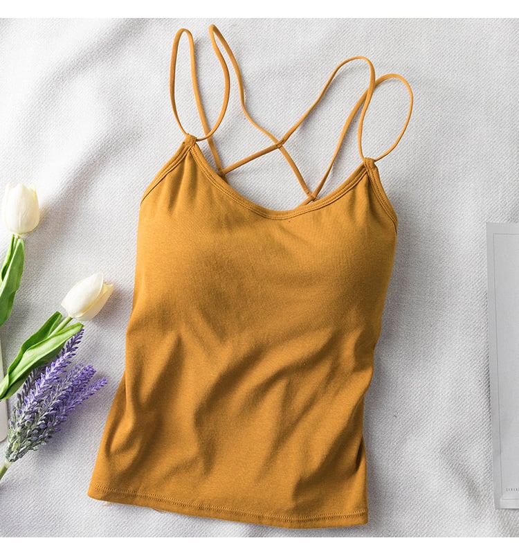 Sieviešu kokvilnas top ar krūšu spilventiņiem, krustotas siksnas aizmugurē, zemais izgriezums, visu sezonu, 90–95% kokvilnas, auduma blīvums 181–200 g/m²