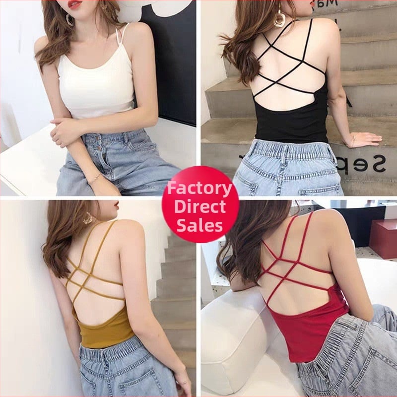 Sieviešu kokvilnas top ar krūšu spilventiņiem, krustotas siksnas aizmugurē, zemais izgriezums, visu sezonu, 90–95% kokvilnas, auduma blīvums 181–200 g/m²