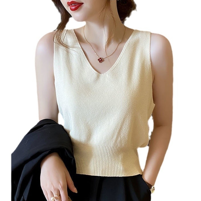 Sieviešu bez piedurknēm tops ar V izgriezumu, no ledus zīda auduma, viskoze 70–80%, augsta elastība, īss garums, taisns griezums