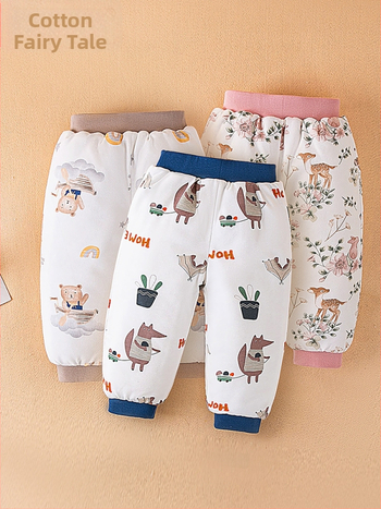 Bērnu kokvilnas bikses ziemai, unisex, augsta vidukļa, pildītas, karikatūras raksts, 100% kokvilna, 1–3 gadi