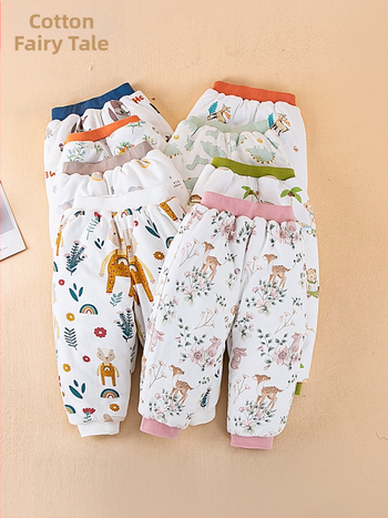 Bērnu kokvilnas bikses ziemai, unisex, augsta vidukļa, pildītas, karikatūras raksts, 100% kokvilna, 1–3 gadi