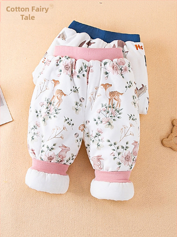 Bērnu kokvilnas bikses ziemai, unisex, augsta vidukļa, pildītas, karikatūras raksts, 100% kokvilna, 1–3 gadi