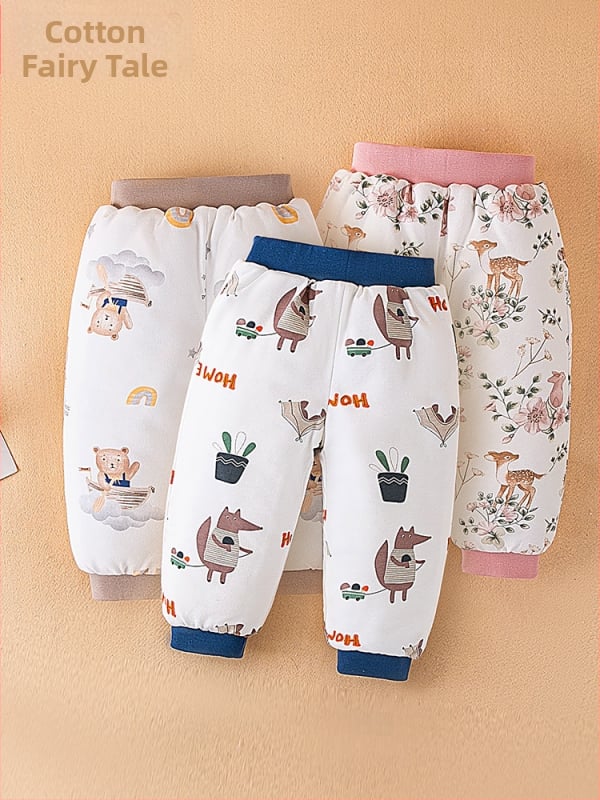 Bērnu kokvilnas bikses ziemai, unisex, augsta vidukļa, pildītas, karikatūras raksts, 100% kokvilna, 1–3 gadi