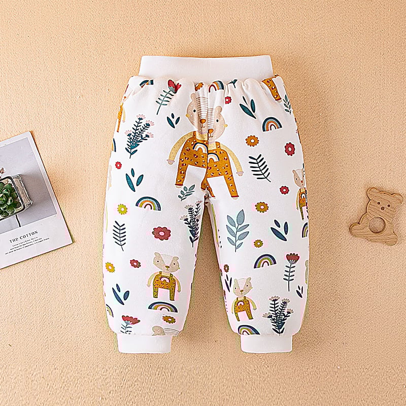 Bērnu kokvilnas bikses ziemai, unisex, augsta vidukļa, pildītas, karikatūras raksts, 100% kokvilna, 1–3 gadi