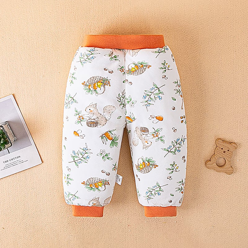 Bērnu kokvilnas bikses ziemai, unisex, augsta vidukļa, pildītas, karikatūras raksts, 100% kokvilna, 1–3 gadi