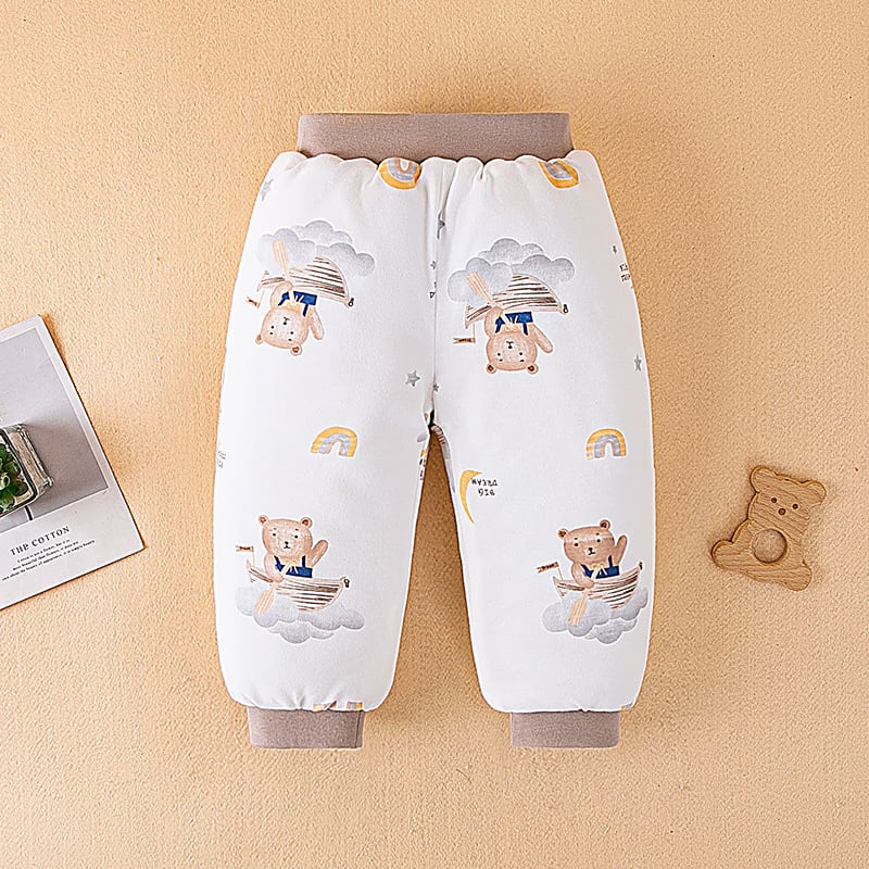 Bērnu kokvilnas bikses ziemai, unisex, augsta vidukļa, pildītas, karikatūras raksts, 100% kokvilna, 1–3 gadi