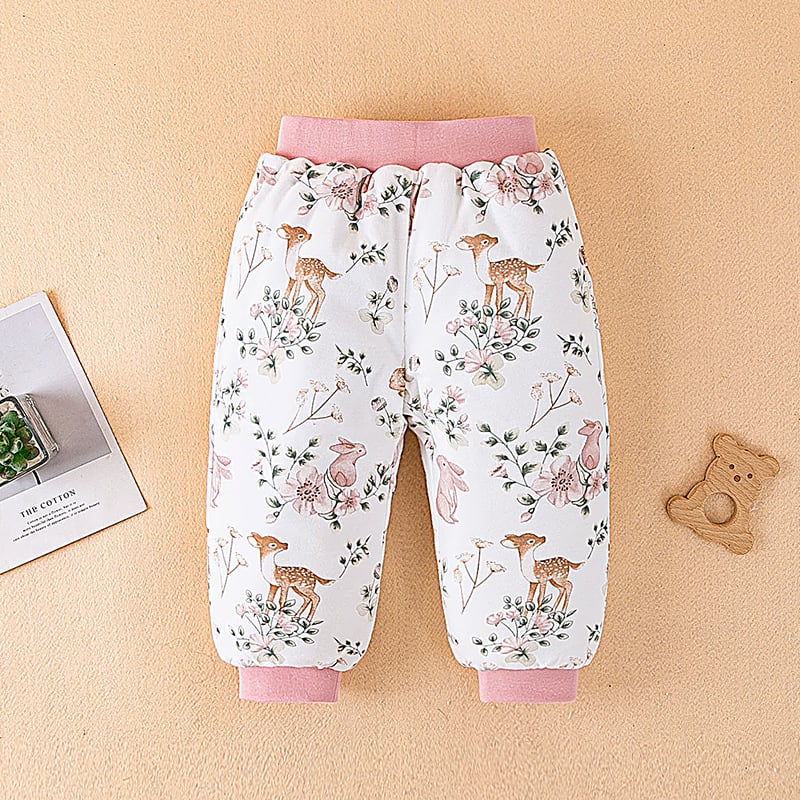 Bērnu kokvilnas bikses ziemai, unisex, augsta vidukļa, pildītas, karikatūras raksts, 100% kokvilna, 1–3 gadi