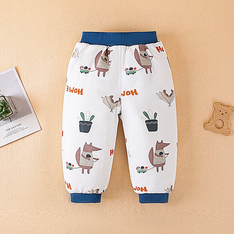 Bērnu kokvilnas bikses ziemai, unisex, augsta vidukļa, pildītas, karikatūras raksts, 100% kokvilna, 1–3 gadi