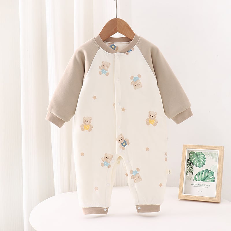 Бебешки гащеризон от 100% памук, 150 g подплатен топъл модел, дълги ръкави, едноредно закопчаване, без качулка, за новородени, неутрален пол, подходящ за пролет, есен и зима