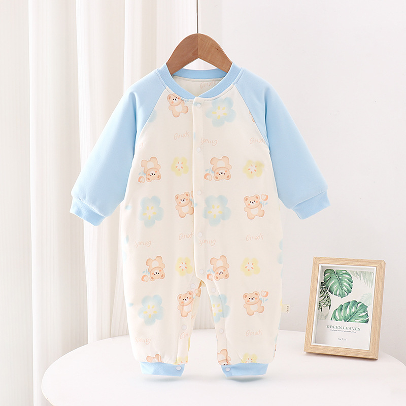 Бебешки гащеризон от 100% памук, 150 g подплатен топъл модел, дълги ръкави, едноредно закопчаване, без качулка, за новородени, неутрален пол, подходящ за пролет, есен и зима