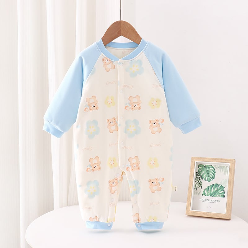 Бебешки гащеризон от 100% памук, 150 g подплатен топъл модел, дълги ръкави, едноредно закопчаване, без качулка, за новородени, неутрален пол, подходящ за пролет, есен и зима