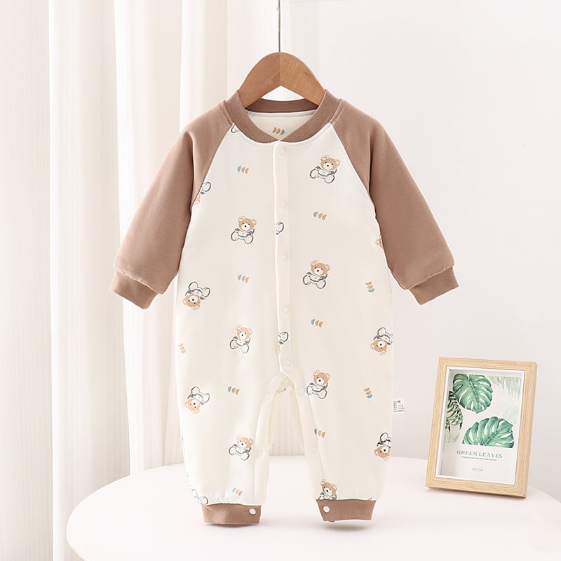Бебешки гащеризон от 100% памук, 150 g подплатен топъл модел, дълги ръкави, едноредно закопчаване, без качулка, за новородени, неутрален пол, подходящ за пролет, есен и зима