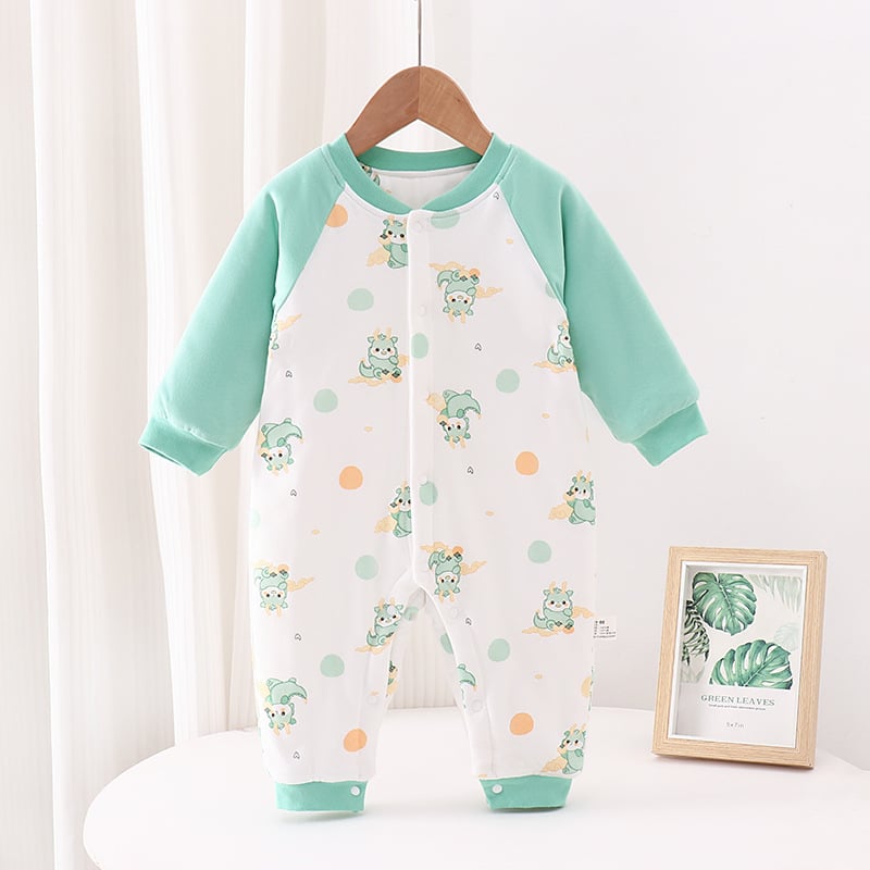 Бебешки гащеризон от 100% памук, 150 g подплатен топъл модел, дълги ръкави, едноредно закопчаване, без качулка, за новородени, неутрален пол, подходящ за пролет, есен и зима