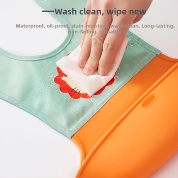 Dječji hranilni bib, vodootporan i otporan na mrlje, prozračan, od silikona za hranu i tkanine od poliestera i pamuka, pogodan za uzrast 0–3 godine