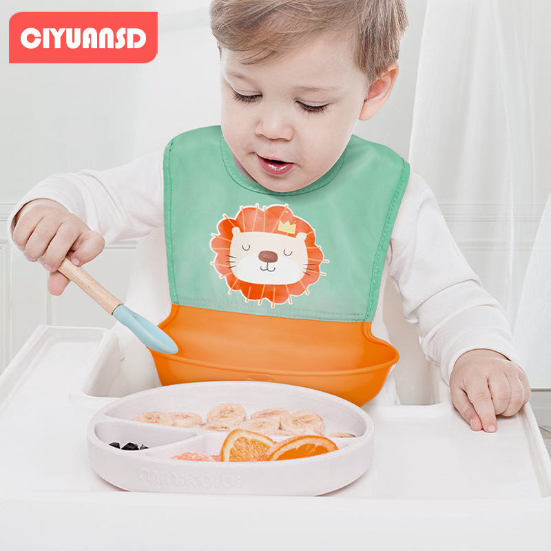 Dječji hranilni bib, vodootporan i otporan na mrlje, prozračan, od silikona za hranu i tkanine od poliestera i pamuka, pogodan za uzrast 0–3 godine