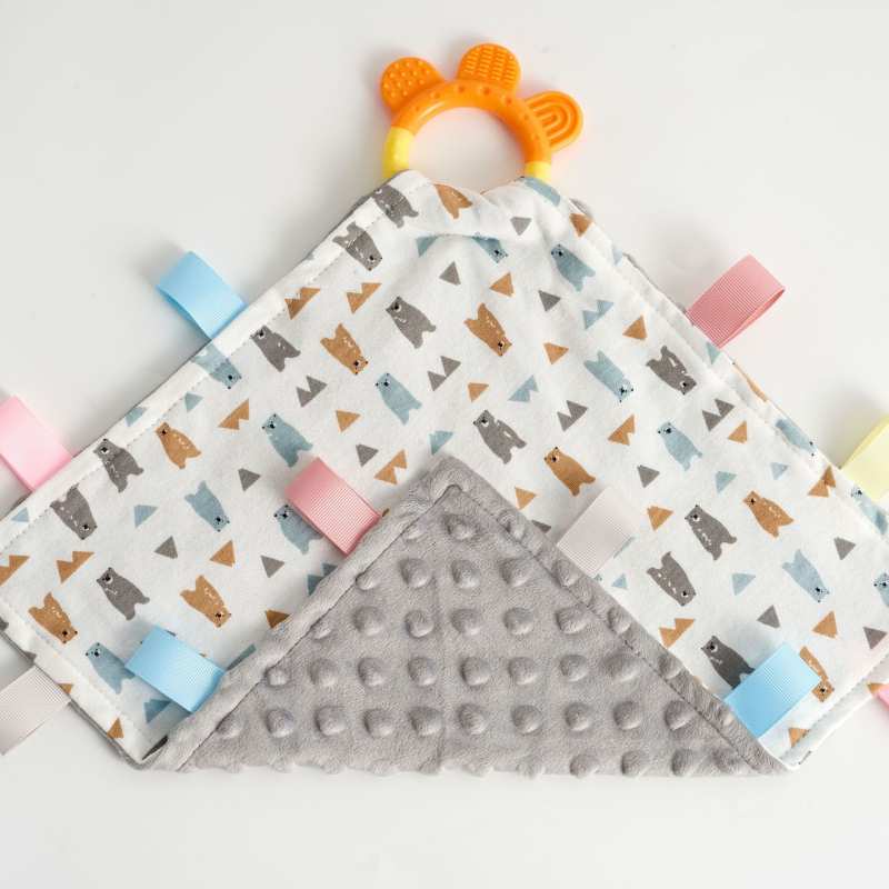 Bērnu siekalas dvielis ar pārtikas klases silikona zobu žaunu, kokvilnas džersija un samta audums, absorbējošs, vecums 0–3 gadi, drošības klase A