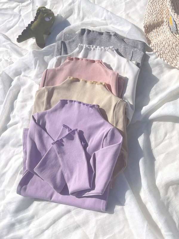 Bērnu kokvilnas garās piedurknes blūze ar elastīgu malu un mežģīni, vienkrāsaina, mīksta apdare