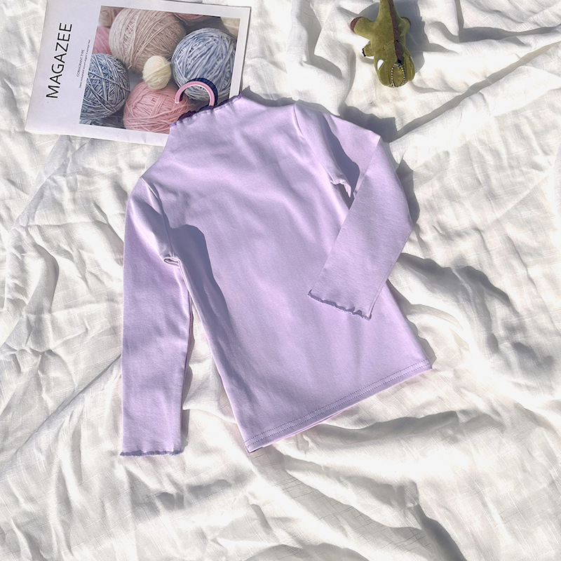 Bērnu kokvilnas garās piedurknes blūze ar elastīgu malu un mežģīni, vienkrāsaina, mīksta apdare